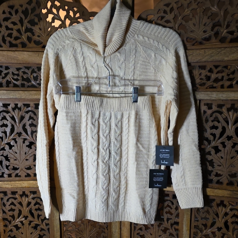 Lulu's Cream Turtleneck Cable Knit Sweater And Skirt